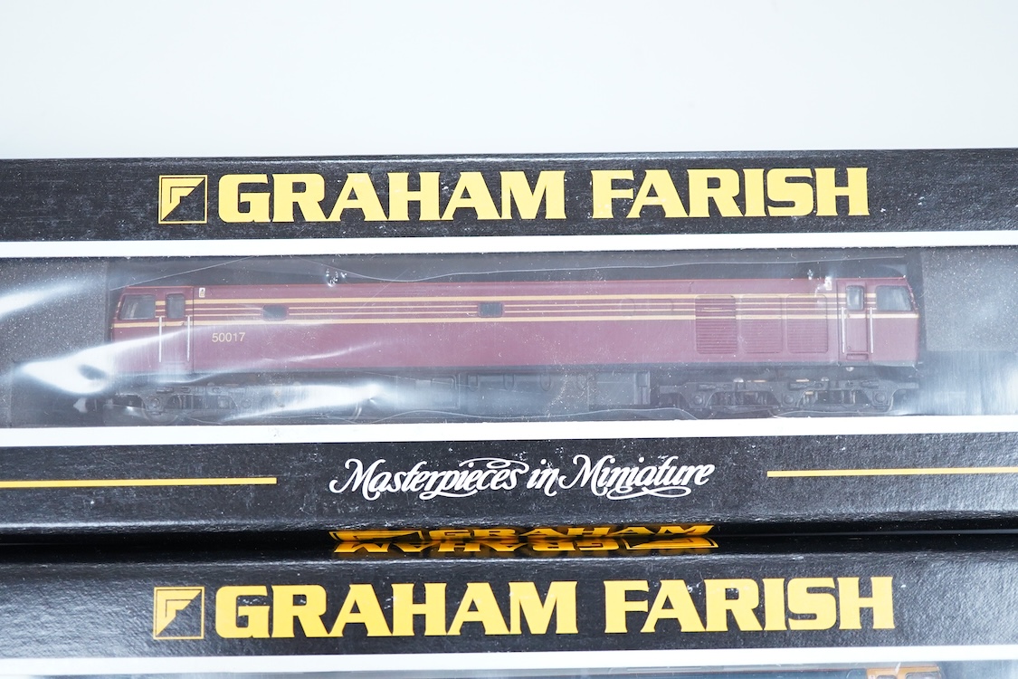 Three boxed Graham Farish N gauge railway class 50 diesel locomotives; a BR, 50 004 (371251), and two LMS, 50017, (371250)